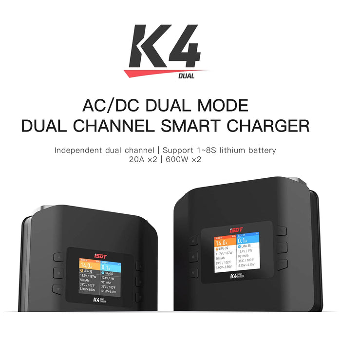 ISDT K4 LiPo Charge/Discharge Cycle Mode Smart Charger - AC 400W / DC 600Wx2 / with Smart Remote Mobile Operation