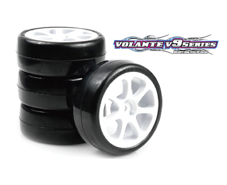 VOLANTE V9X 28R-CP 1/10 TC Indoor Carpet Rubber Tire Pre-glued (4) (seven spoke wheel) - V9X-PG28CPSP