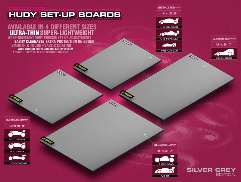 Hudy Setup Board Lightweight SILVER for 1/12 & 1/10 Onroad 289x393mm - H108302